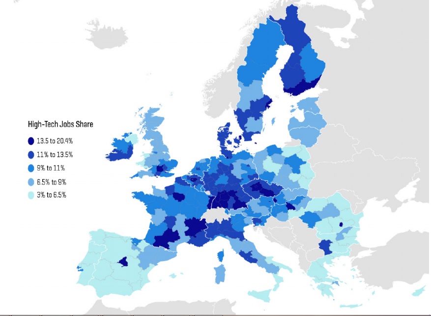 High-tech employment in Europe Source: Eurostat, EULFS, ONS, UKLFS, Dr. Maarten Goos, data are for 2011